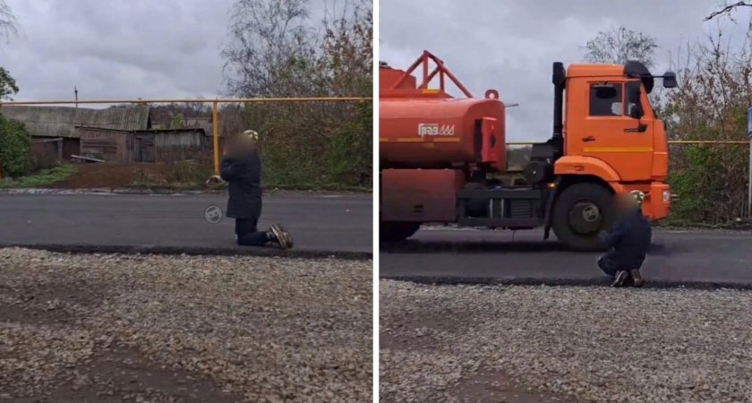В Пензенской области ребенок, стоя на коленях, ловит попутку