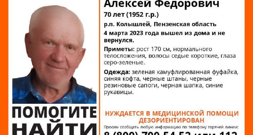 В Пензенской области пропал без вести 70-летний мужчина, нуждающийся в медпомощи 