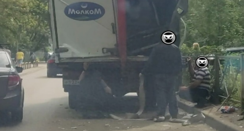 В Пензе на улице Пушанина молочный фургон зацепил свисающее дерево