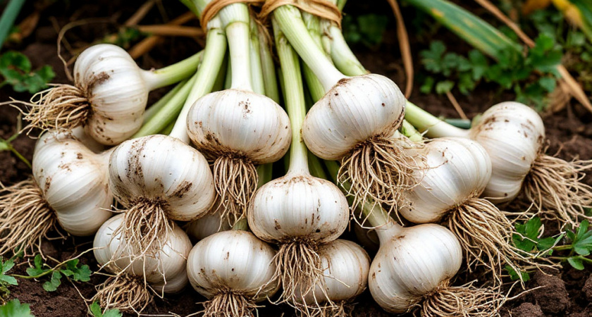 При высоте перьев чеснока в 10 см — обязательно: 2 ложки в лейку — и головки размером с кулак