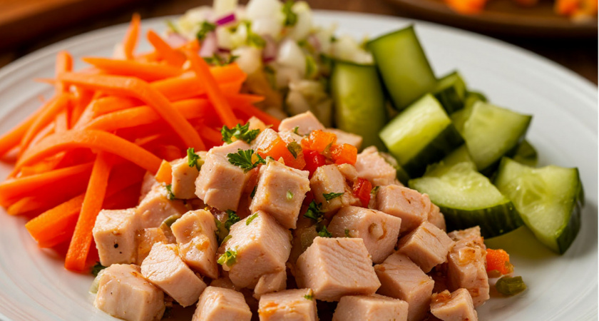 Салат «Обжорка» — просто и быстро: 4 ингредиента, а вкус потрясающий — гости сметают со стола самым первым