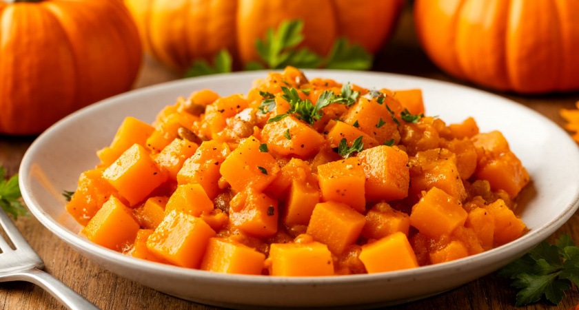 Рецепт нежной тыквы в сметанном соусе с чесноком. Быстро и вкусно