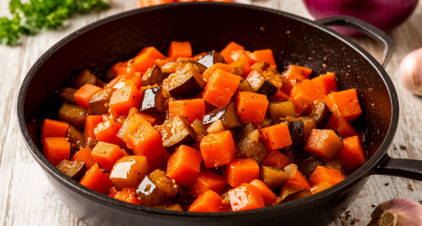 Быстрая закуска из баклажанов с морковью. Рецепт с маринованием во время варки