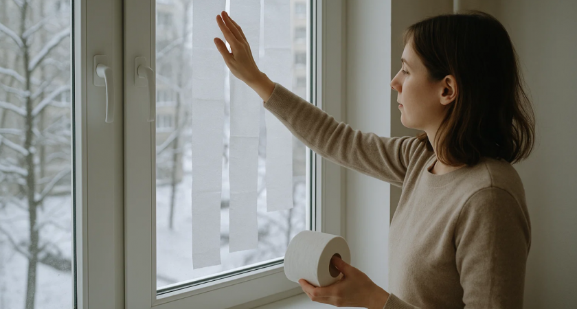 Утепление окон туалетной бумагой и ПВА против сквозняков 