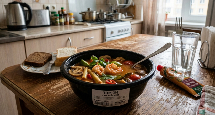 Том Ям из Чижика оказался лучше, чем в кафе: одной порции хватило на двоих - но есть один ньюанс