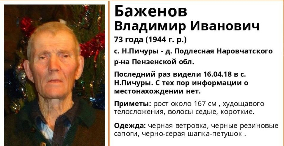 В Пензенской области ищут пропавшего без вести 73-летнего Владимира Баженова