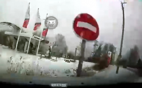 Внезапно закружило: в Пензе автомобиль улетел в кювет и снес дорожный знак - видео