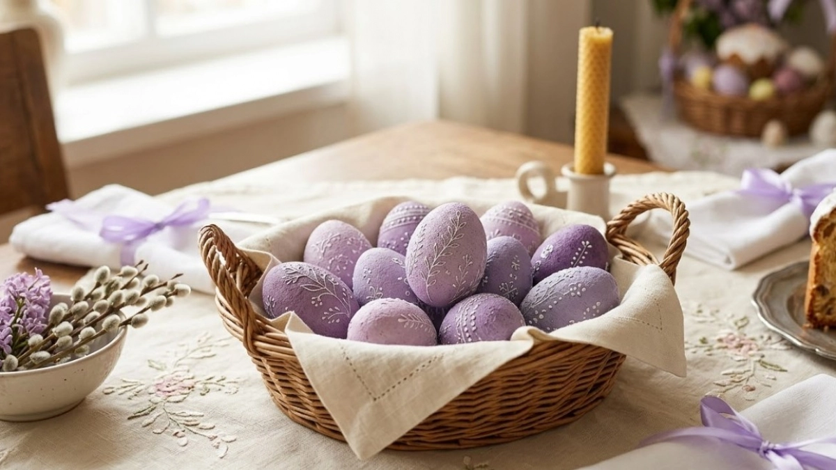 Шелуху лука — в мусорку: беру «брутальный» овощ — и нежные лиловые яйца уже в пасхальной корзинке