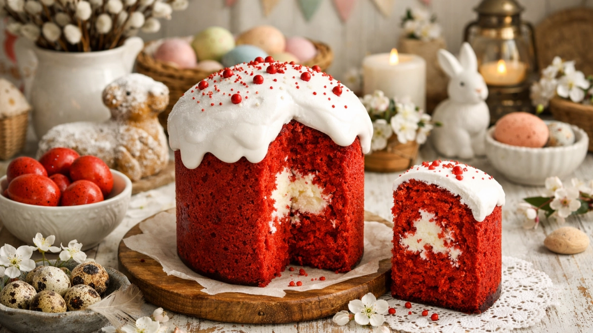Кулич по рецепту «Красный бархат»: этот алый красавец с белоснежной шапкой покорит всех гостей - внутри влажный мякиш с творожным вкусом 