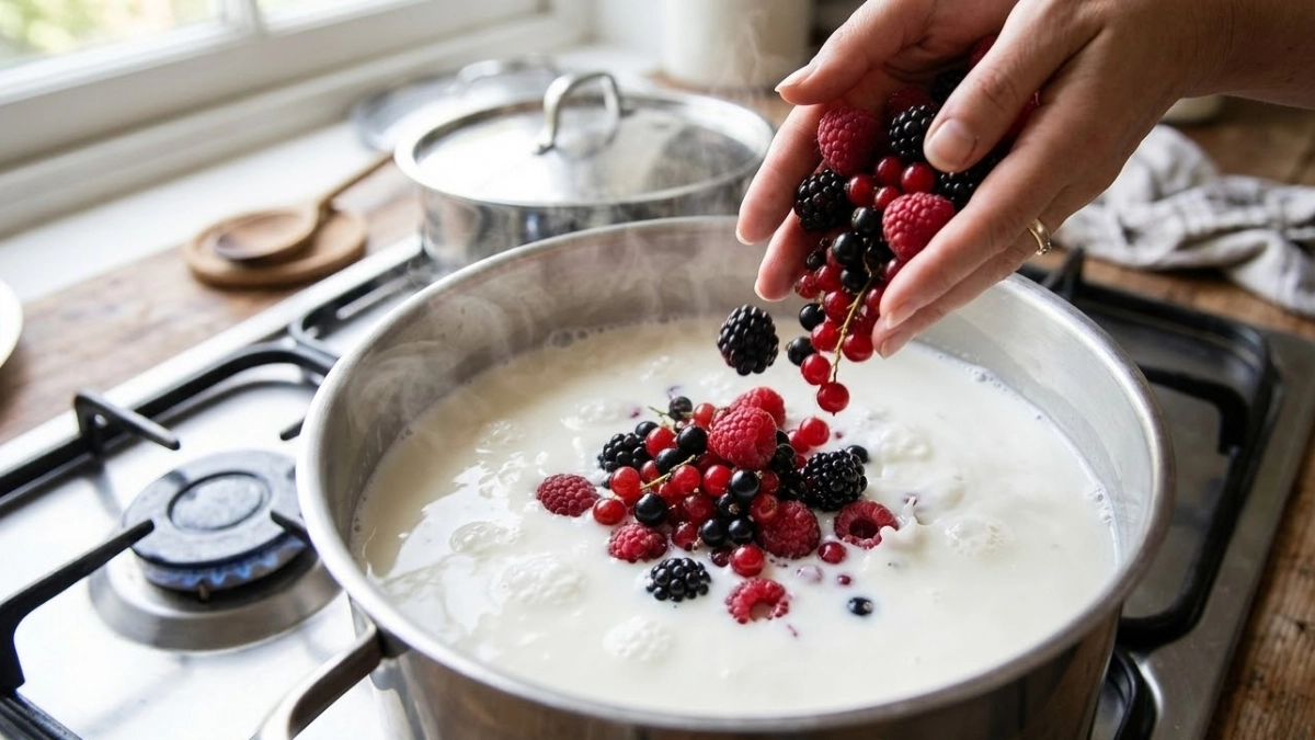 Кинула ягоды в горячее молоко — и кремовое чудо на завтрак готово: легкий десерт за считанные минуты для маленьких нехочух