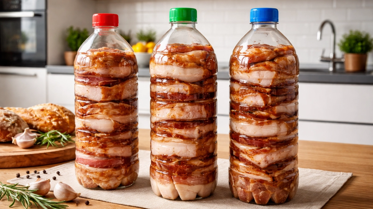 Сало в бутылке, как копченое: просто кладу ломоть в бутылку и заливаю маринадом - и никакой химии 