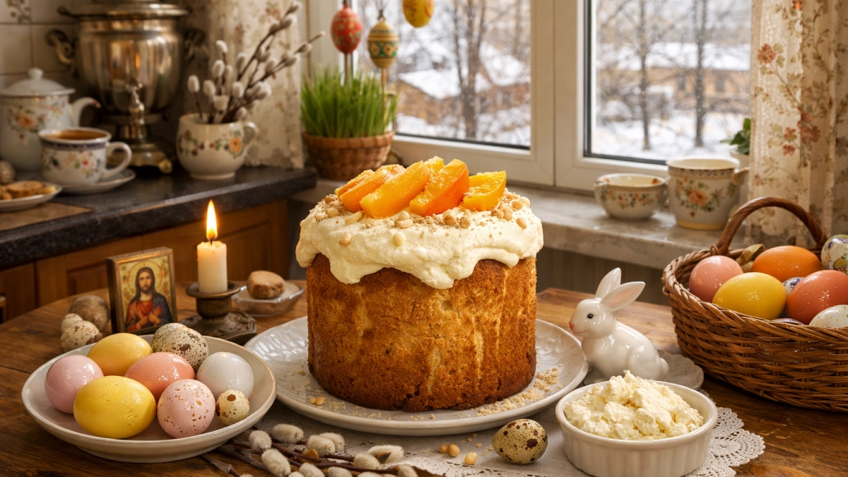 Банка персиков и творожный сыр: нежный и воздушный  кулич без дрожжей с влажным мякишем. Интересный рецепт к Пасхе-2026