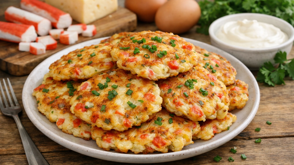 Оладьи из крабовых палочек с яйцами, сыром и сметаной: нежнее, чем горячие роллы, и очень вкусные