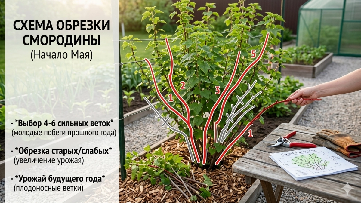 Делюсь схемой обрезки смородины: выбираю эти  4-6 веток - свежие листья для заварки и ведра ягод на варенье