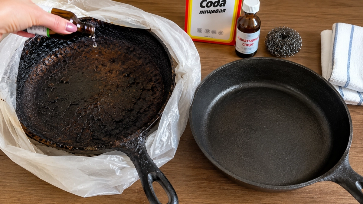 Пару капель — и в пакет: вот как чищу старые чугунные сковородки от черного нагара — вековой слой жира сходит пластом