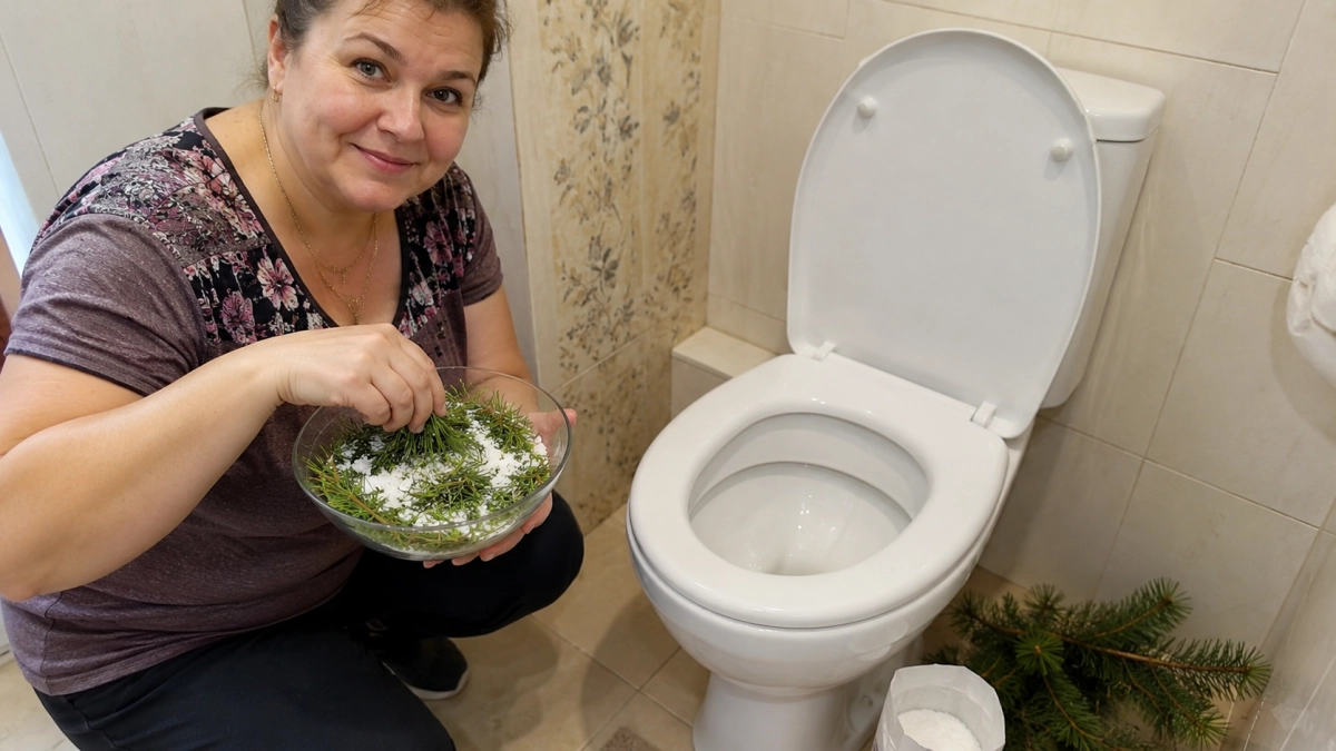 Сосновые иголки пересыпаю солью и добавляю уксус — ржавчина и мочевой камень в унитазе исчезают без следа: в туалете аромат хвойного леса