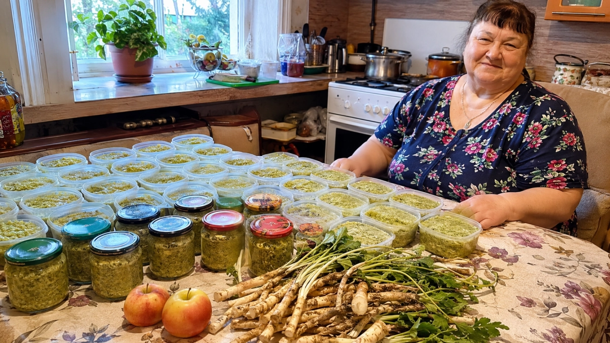 Листья хрена перемолола, добралась до корней: перетираю с яблоком в масло— зимой баночка на вес золота  