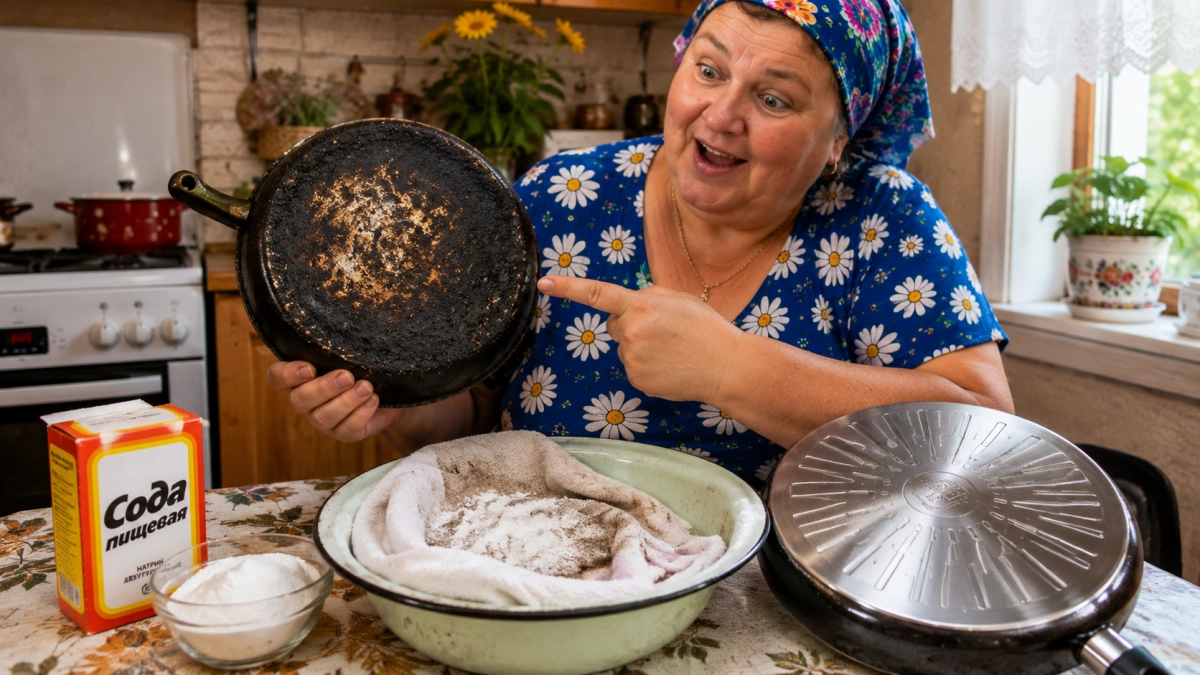 Беру соду, полотенце и делаю «компресс»: даже вековой нагар со сковороды сходит кусками — посуда сверкает, как на витрине
