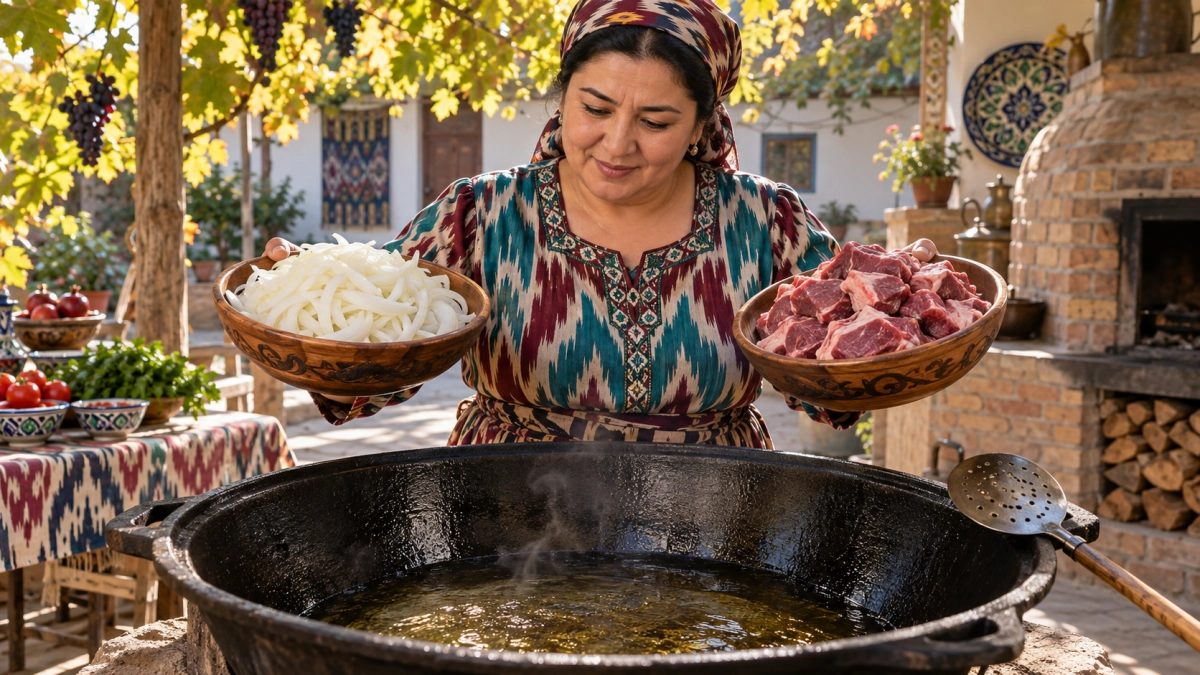 Что сначала нужно обжаривать для вкусного плова — лук или мясо: в Узбекистане это правило знают всю жизнь