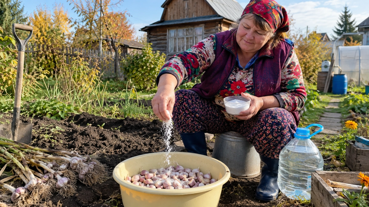 Перед посадкой чеснока на зиму засыпаю зубчики солью: 30 минут — весной грядка стоит крепкой зелёной щёткой