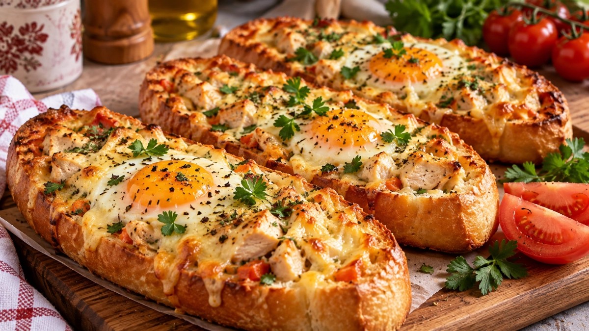 Из багета вынимаю мякиш и набиваю начинкой: курица + сыр + яйцо — через 15 минут получаются горячие «лодочки», вкуснее хачапури