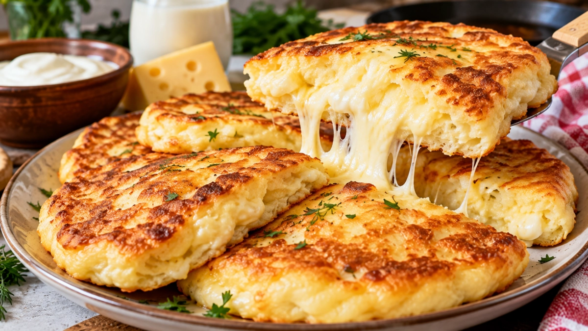 Ряженка + сметана + сыр — и на сковороду: получаются ленивые творожные «облака», мягче обычных хачапури