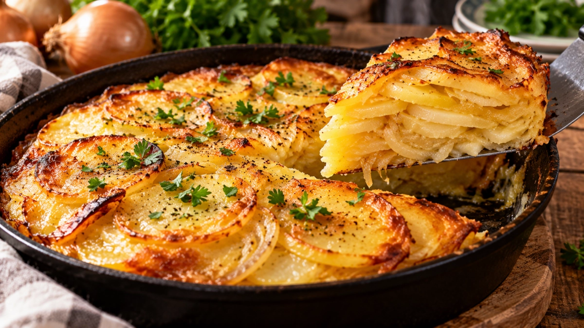 Картофель больше не запекаю дольками: режу почти прозрачно и складываю слоями с луком — получается как пирог