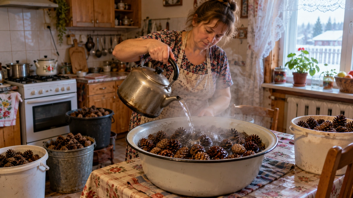 Шишки тащу из леса ведрами и запариваю крутым кипятком — бесплатно, а пользы вагон: 3 умных применения на даче и дома
