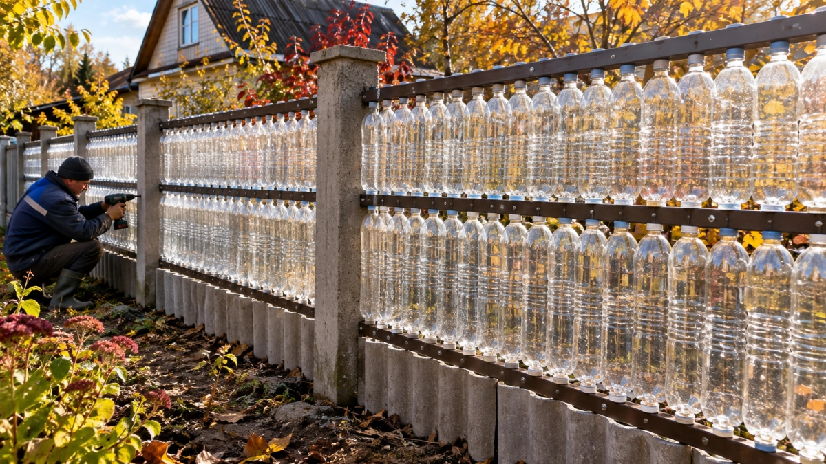 Собираю забор из пластиковых бутылок, как из конструктора: сотни полторашек вместо досок — ни ржавчины, ни гнили, а солнце проходит насквозь