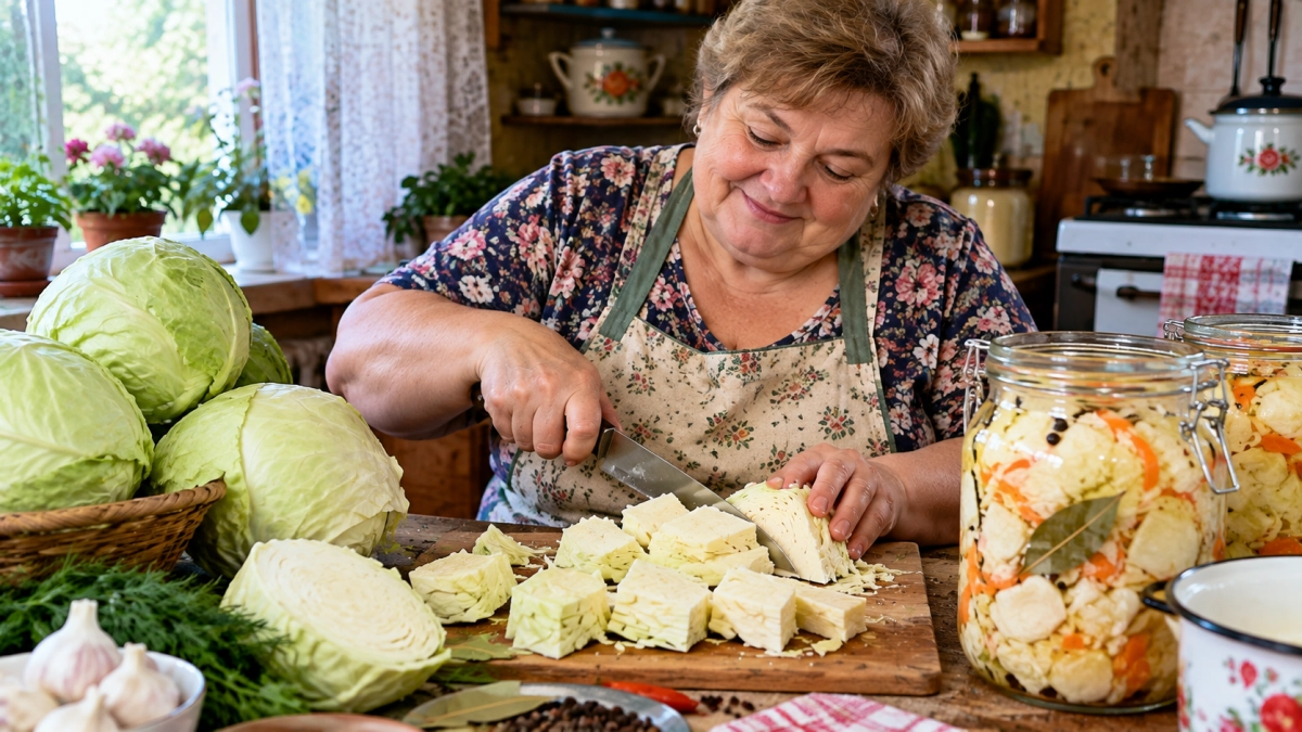 Сахарную голову осенью не квашу: режу квадратами и заливаю горячим маринадом — через сутки хрустит и брызжет соком