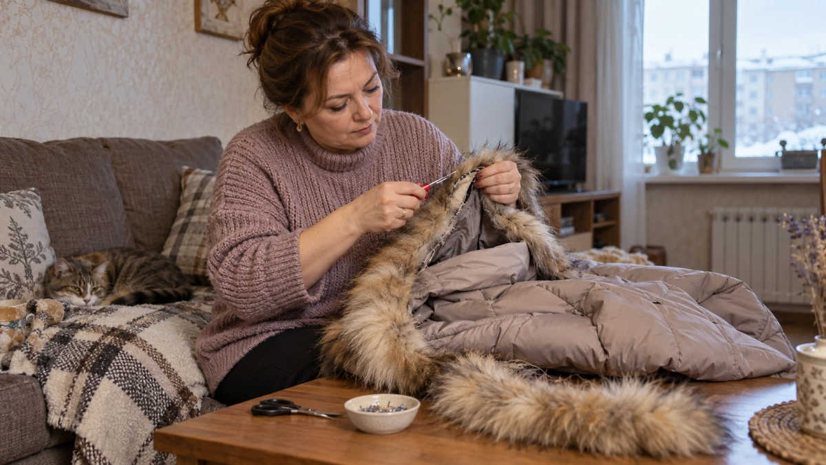 Старый меховой капюшон распарываю вдоль и поперёк: собираю «снежное облако» — диван выглядит как из шале в Альпах