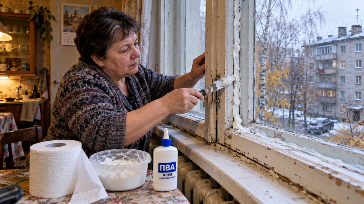 Ни скотча, ни дорогих уплотнителей: смешиваю туалетную бумагу с ПВА — старые окна больше не свистят от сквозняков