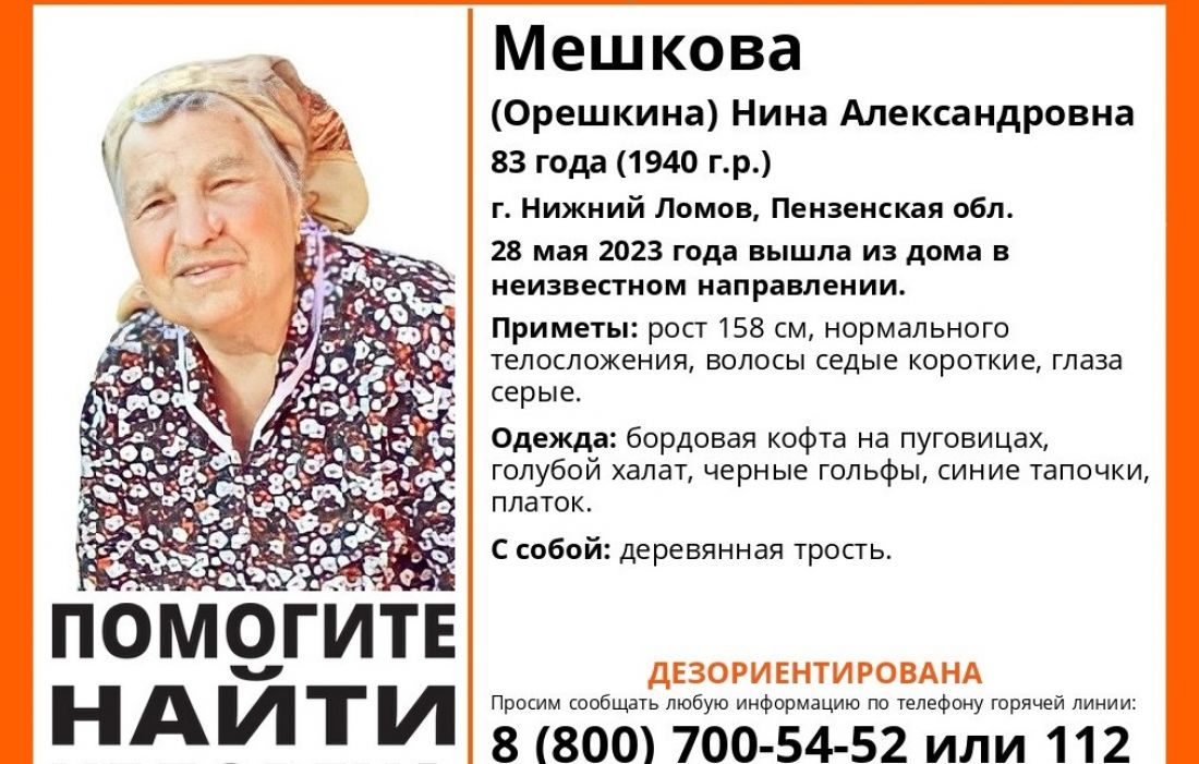 В Нижнем Ломове ищут 83-летную пенсионерку с деревянной тростью 